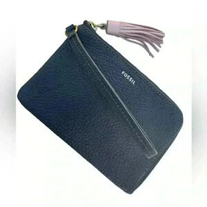 FOSSIL womens Tara Leather Wristlet Clutch Handbag Black Pink Tassle gently used